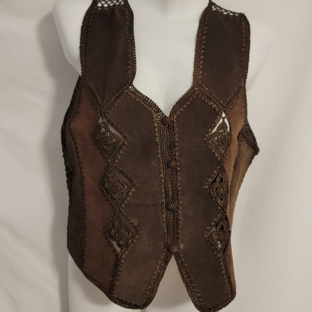 Brown Suede and Crochet Women's Vest